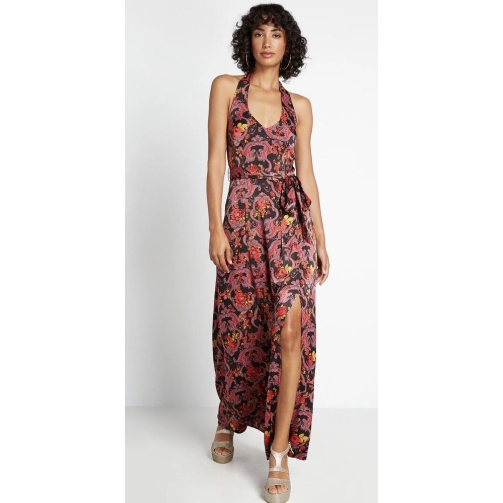 ModCloth Womens Floral Paisley Halter Maxi Dress Purple Red Black Satin Size 8‎